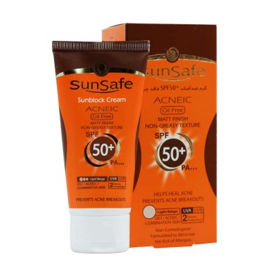 ویژگی های کرم ضد آفتاب SPF50 فاقد چربی سان سیف جلوگیری از مسدود شدن منافذ پوستی، تجمع چربی، تکثیر و رشد باکتری‌ها و در نهایت ایجاد آکنه در پوست تنظیم‌کننده ترشح غدد چربی پوست و کاهش‌دهنده ظاهر براق پوست فاقد چربی، مناسب برای پوست‌های چرب، جوش‌دار و مختلط حفاظت کامل و طولانی مدت در برابر تابش‌های UVB و UVA کمک به درمان موثر جوش‌های صورت دارای خاصیت ضد باکتری و ضد قارچ پایدار در برابر تعریق و شستشو قابل استفاده به عنوان آرایش ضد حساسیت و کومدون‌زا مقاوم در برابر آلودگی هوا