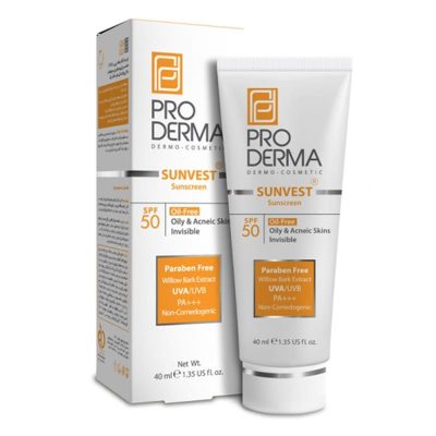 کرم ضد آفتاب فاقد چربی SPF50 پرودرما برای پوست های چرب و جوش دار ۴۰ میلی لیتر Pro Derma Sunscreen SPF50 Oil Free cream 40 ml
