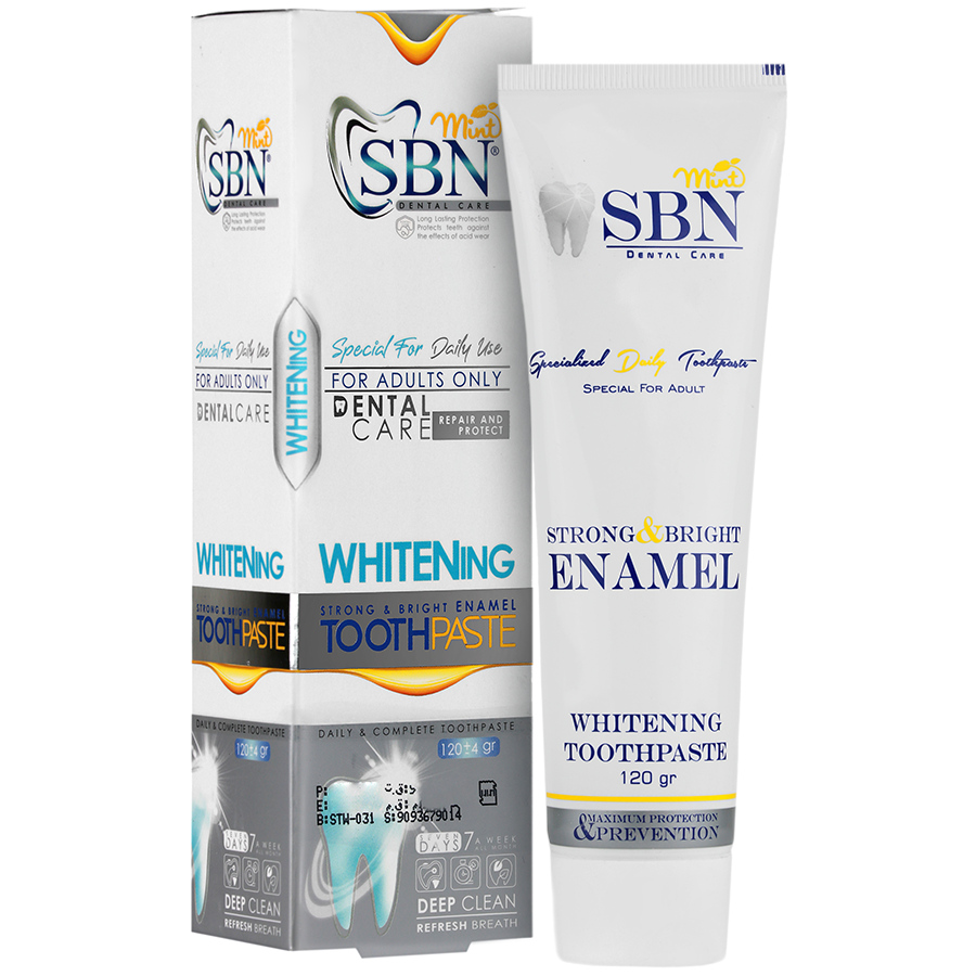 درباره محصول : خمیر دندان Sbn سفید کننده مناسب برای مصرف روزانه خمیردندان Sbn سفید کننده و تقویت کننده مینای دندان ها مخصوص بزرگسالان با قابلیت حذف لک ها و تغییر رنگ های دندانی حاوی پاپایین، سیلیکا و تری سدیم فسفات محافظت قدرتمند از دندان ها در مقابل پوسیدگی به کمک فلوراید ایجاد احساس خنک و مطبوع و تنفسی تازه تر دارای اسانس نعنا (منتول) خمیر دندان Sbn توصیه شده توسط محققان دهان و دندان و دندانپزشکان خمیردندان Sbn قابل عرضه در تیوپ 120 گرمی