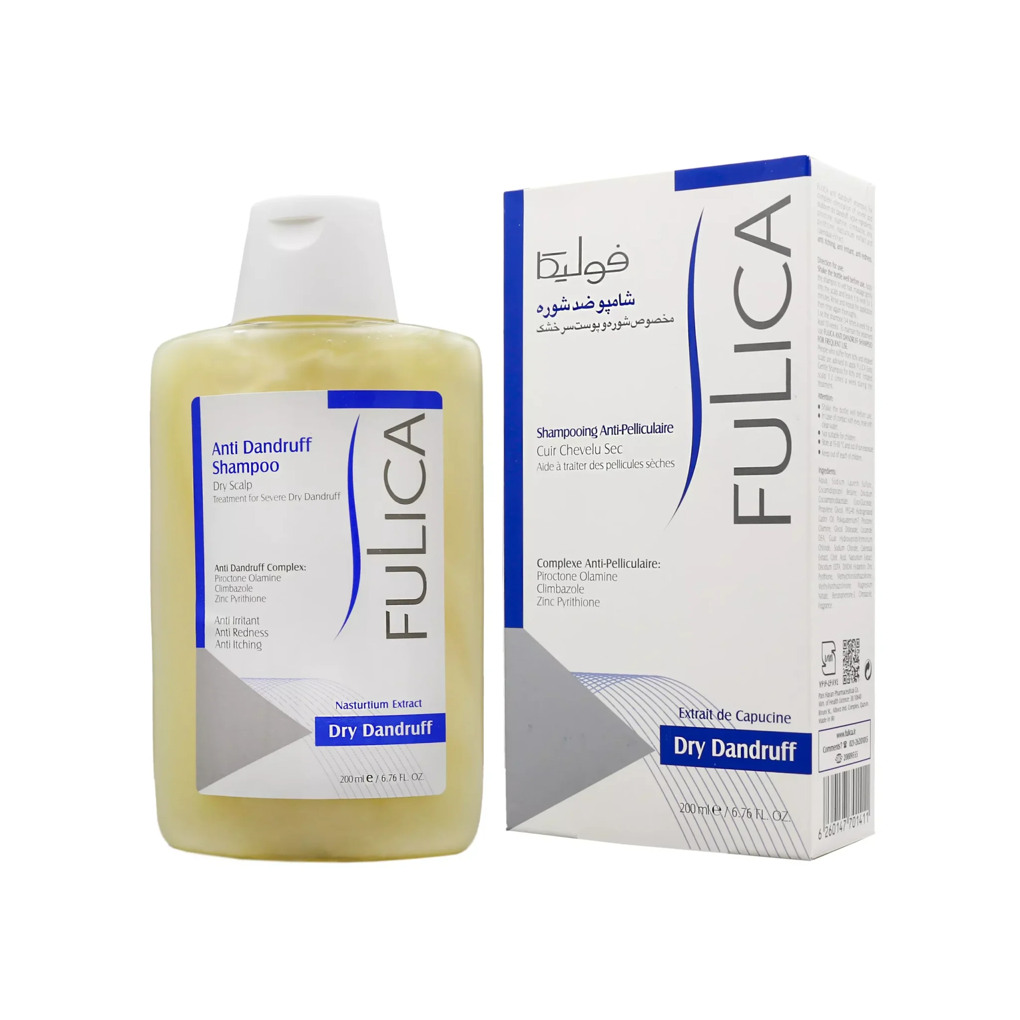 شامپو ضد شوره مناسب شوره و پوست سر خشک فولیکا حجم 200میلی لیتر fulica anti dandruff shampoo